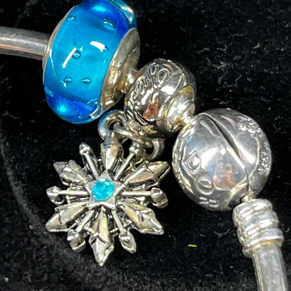 Pandora Limited Ed "Unique as You Are" Snowflake Bangle 925 Murano Blue Bead - Picture 11 of 16